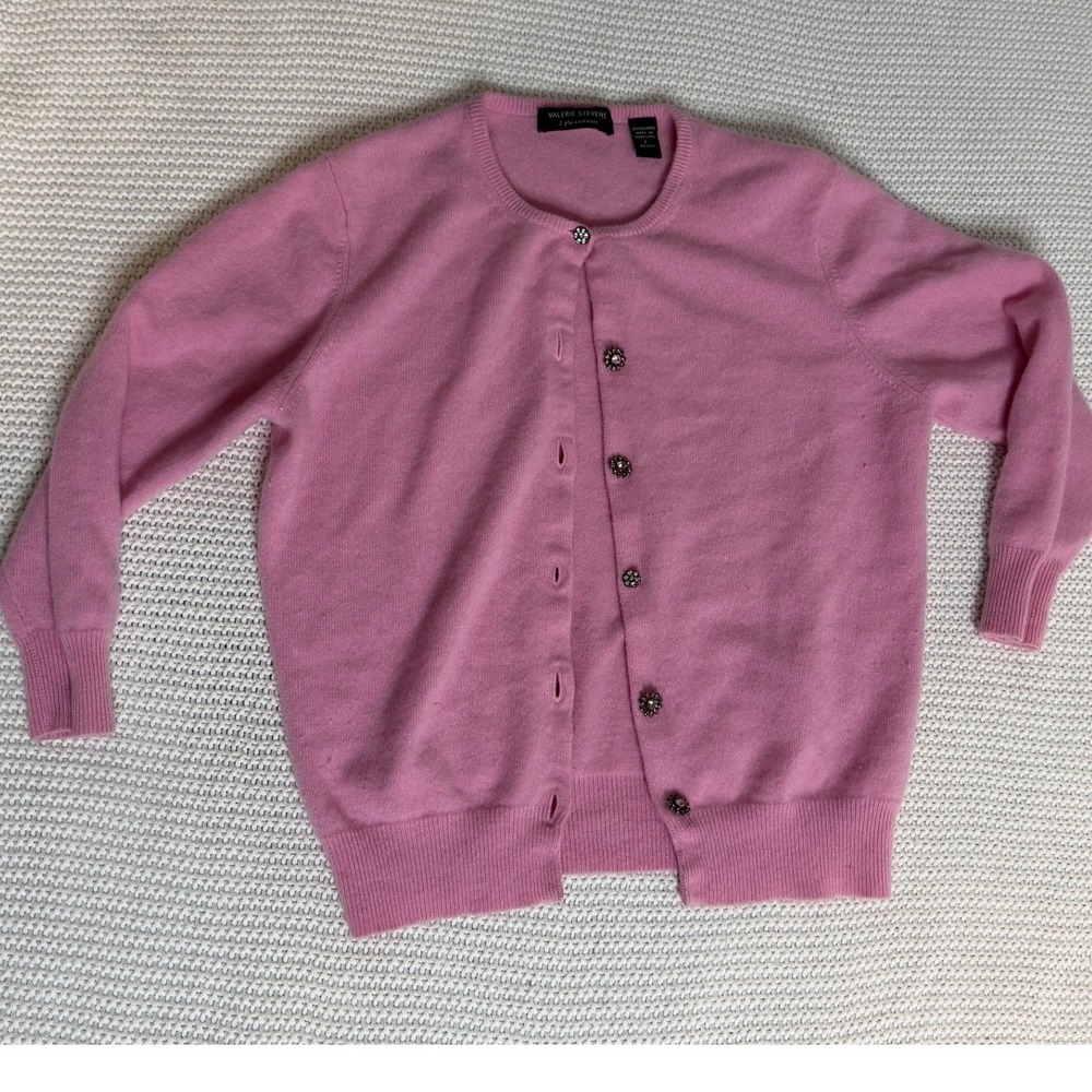 Valerie Stevens Pink 100% Cashmere Cardigan Rhinestone Button Sweater Large